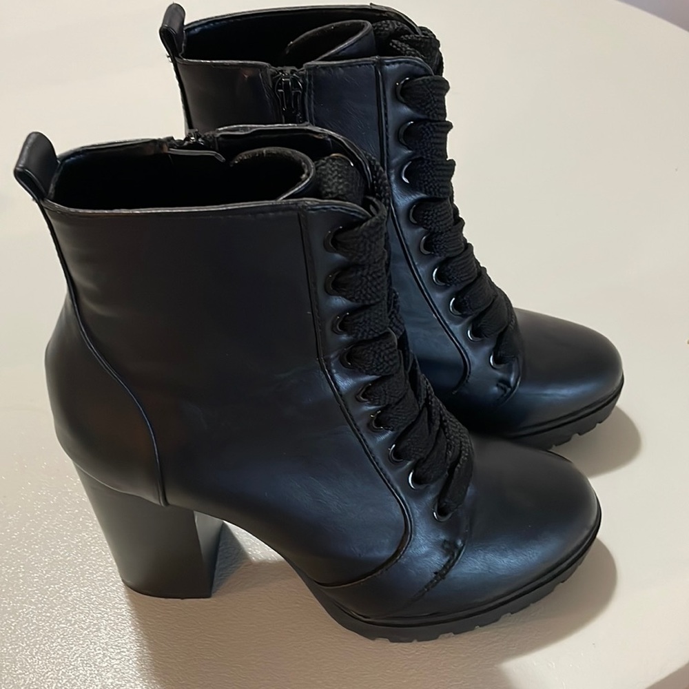 Express Black Leather Heeled Combat Boots